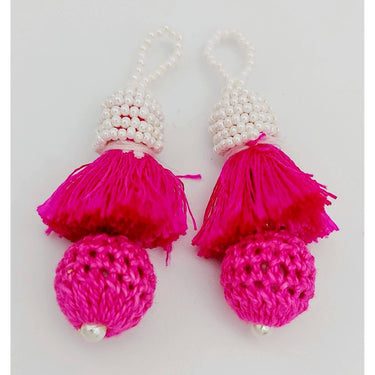 Fuchsia Pink Crochet Ball Tassels With White Pearls Beads, Tassel Charms, Nylon Tassels x 2